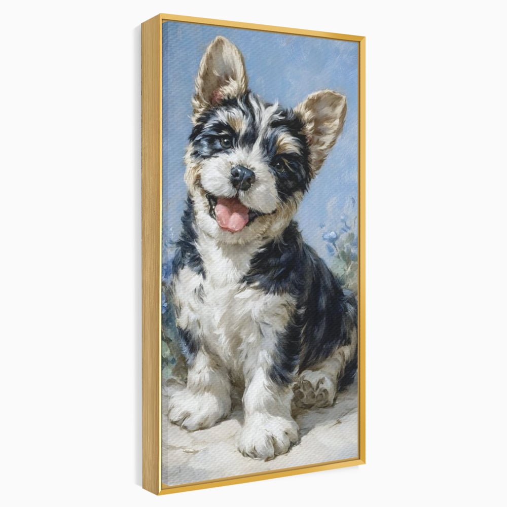 Tablou canvas cu tablou canvas cu catelus pufos, in rama de aluminiu auriu